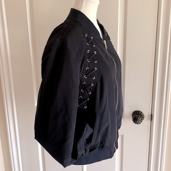 Express bomber jacket navy with gold zipper and lace-up  detail on shoulders - Picture 2 of 8